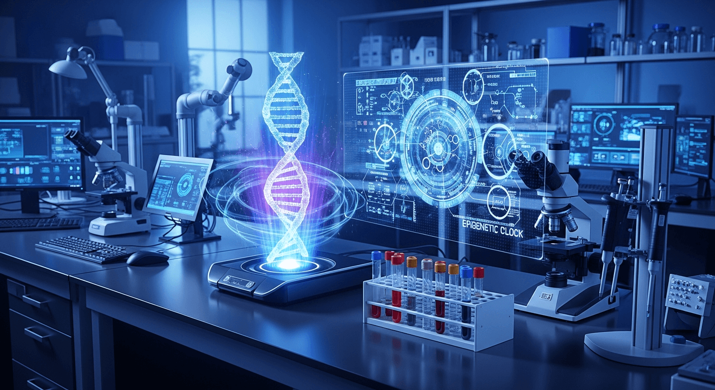 Laboratório científico com visualização de DNA e testes de idade biológica