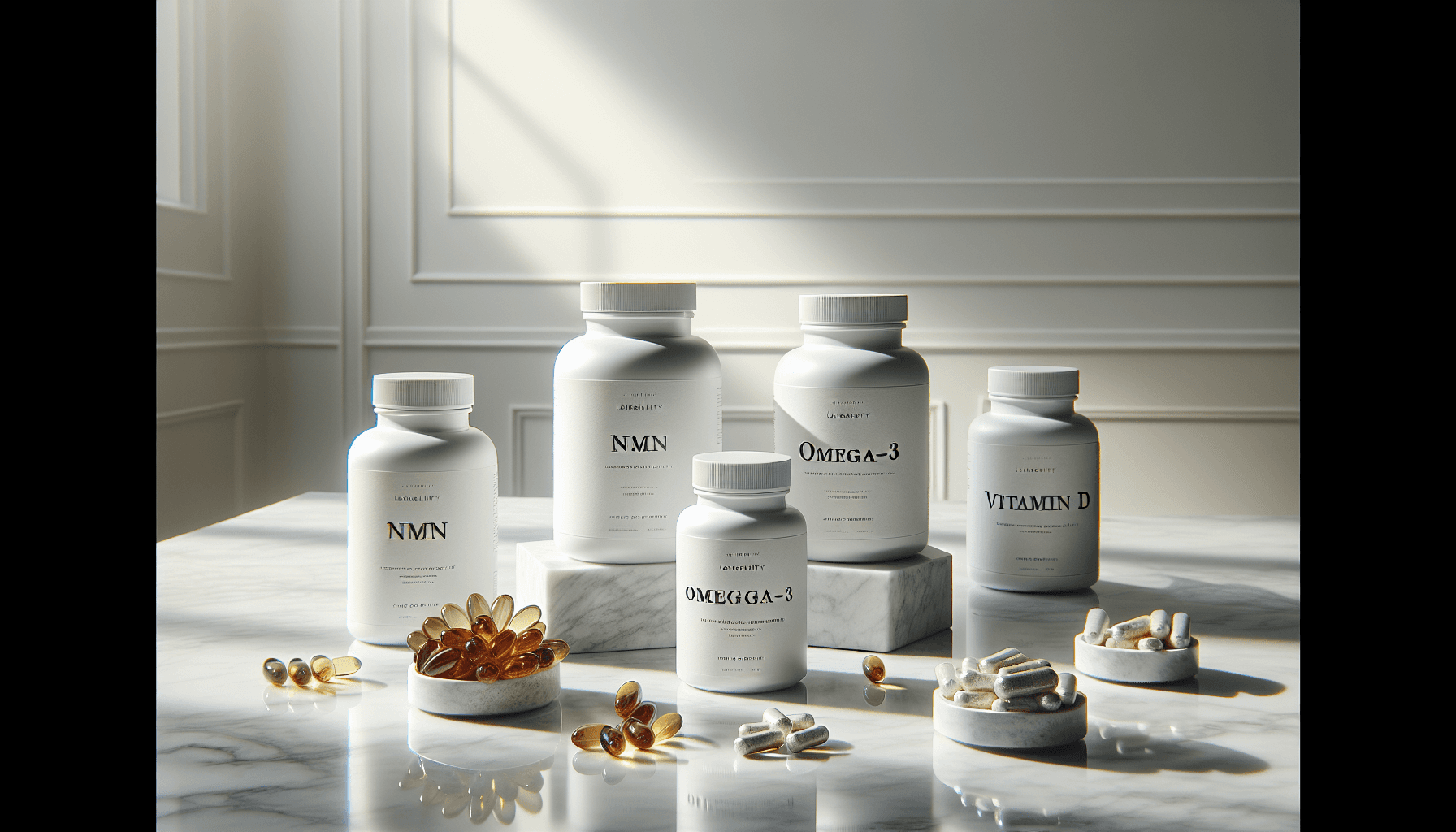 Collection of science-backed longevity supplements arranged on a clean surface
