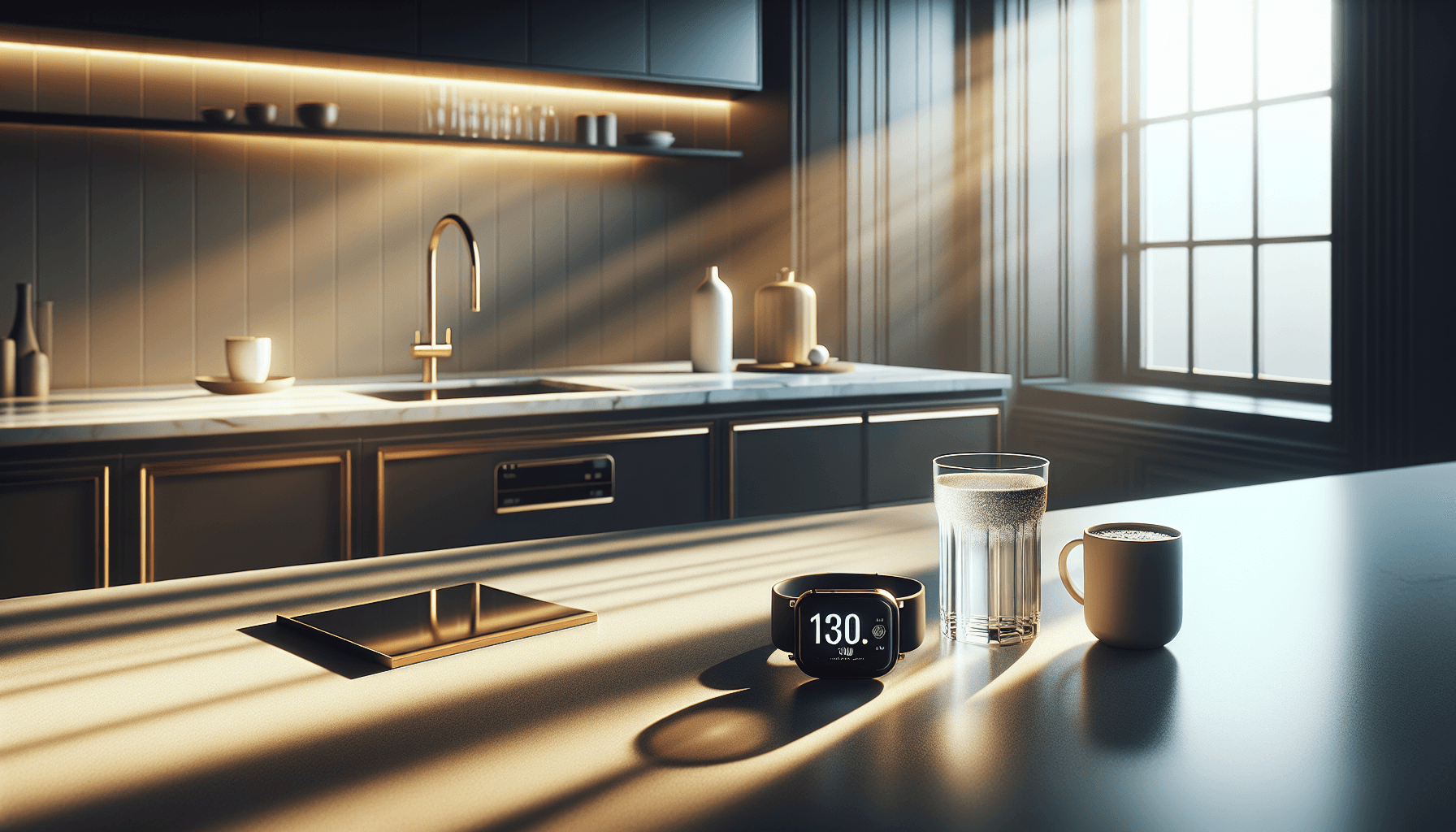 A minimalist kitchen at sunrise with black coffee and water glass, symbolizing intermittent fasting for longevity