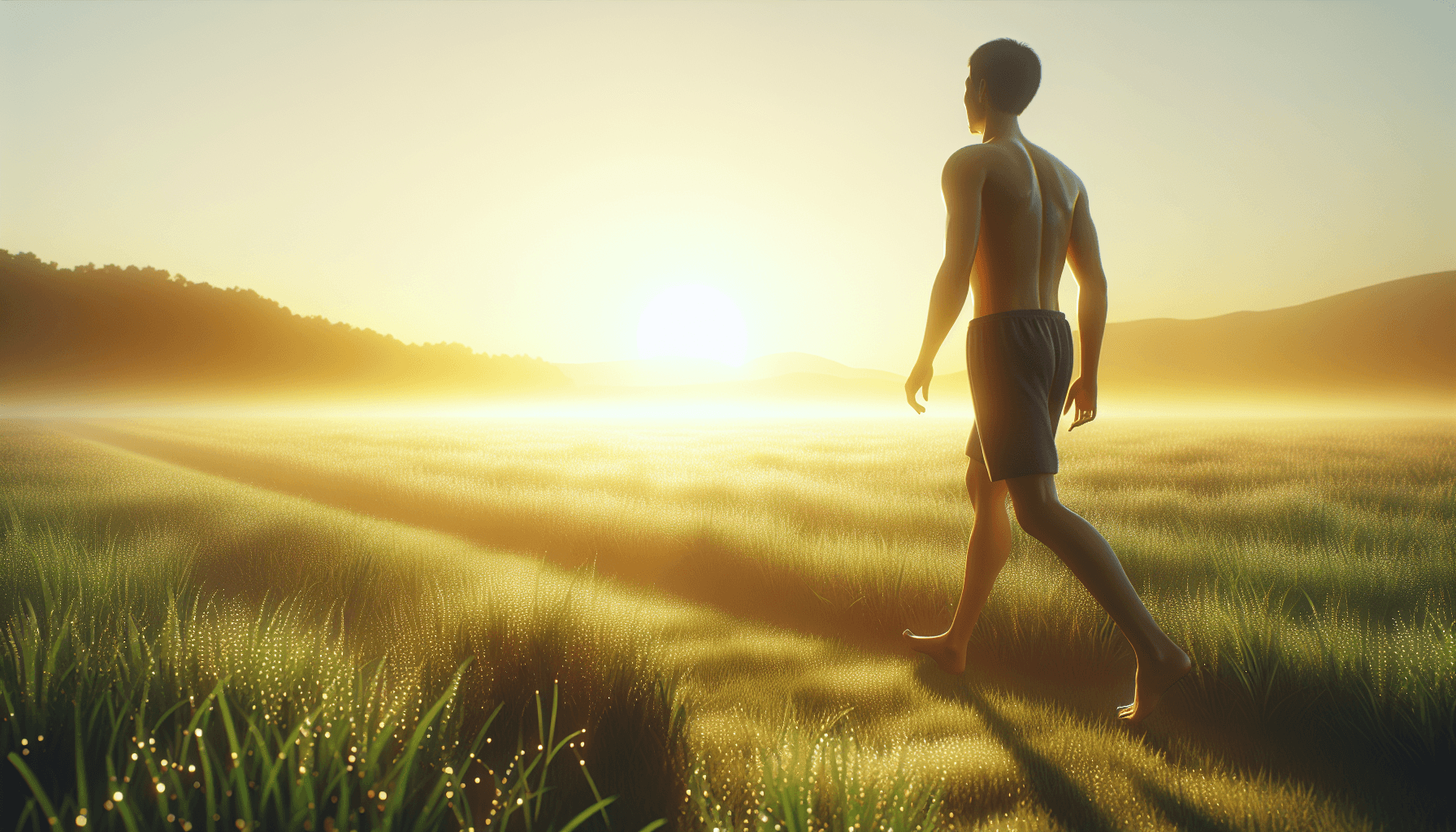 Person walking barefoot on dewy grass at sunrise, representing affordable longevity biohacking