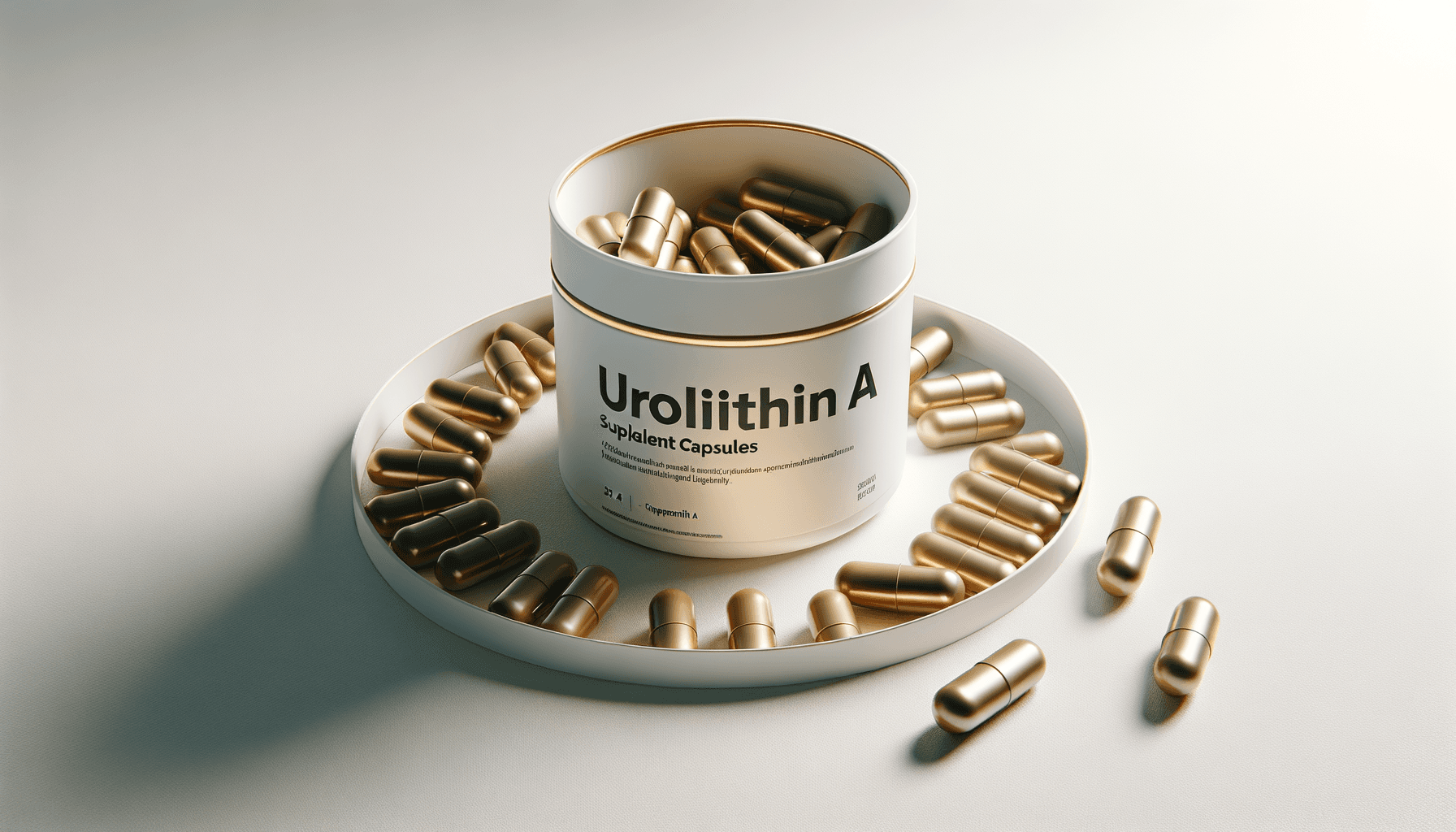 Timeline Mitopure Urolithin A supplement bottles on laboratory counter with mitochondria visualization