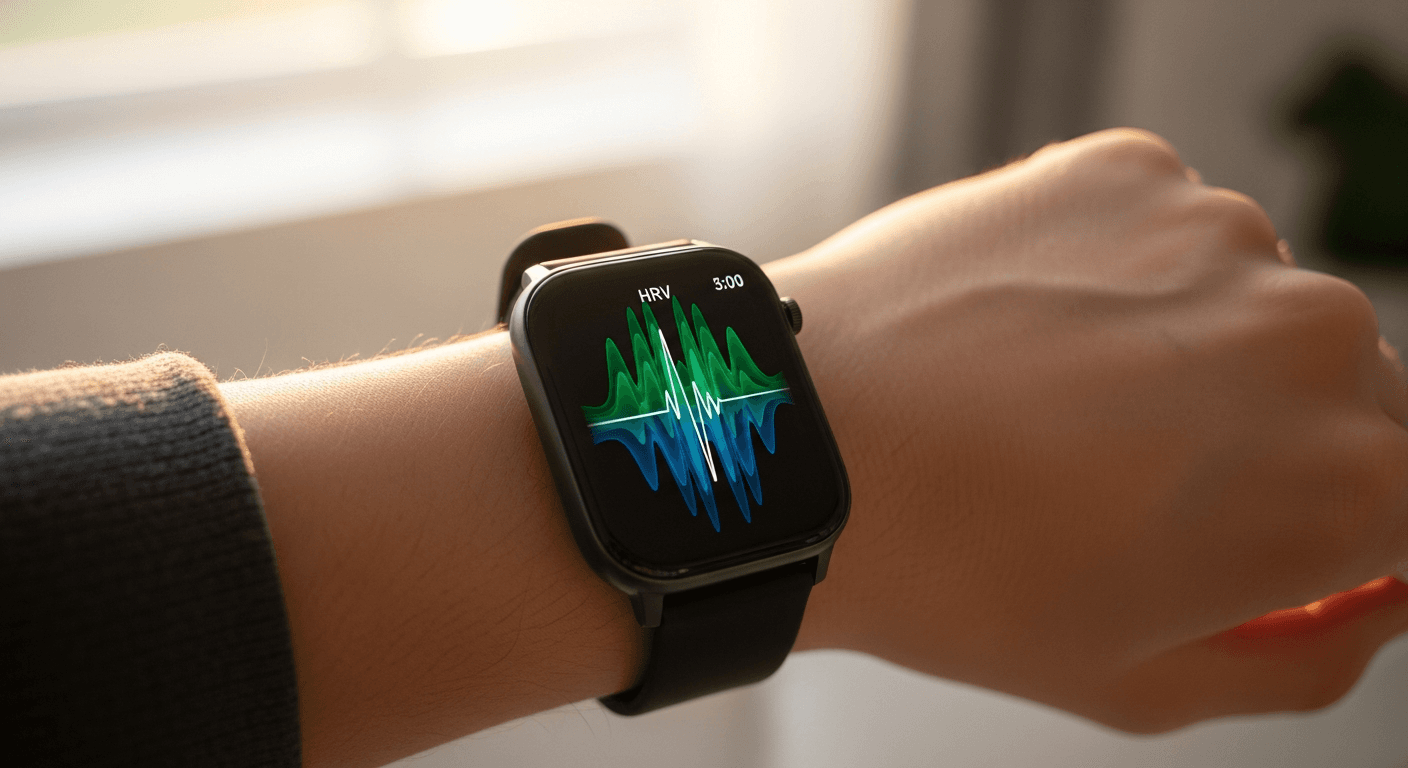 Heart rate variability graph on a smartwatch display showing HRV training data