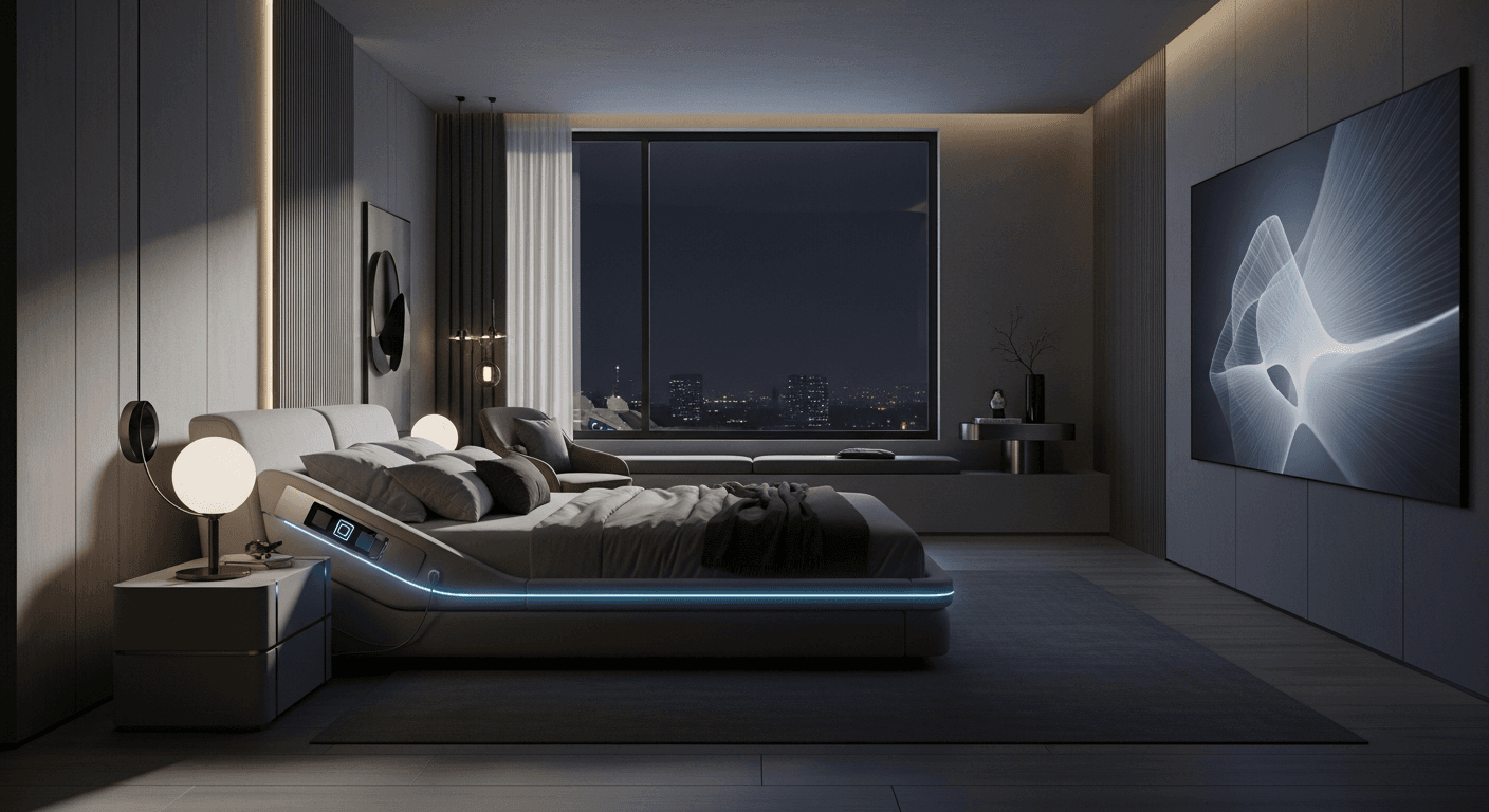 Modern bedroom with sleep tracking technology, smart ring and sleep data display