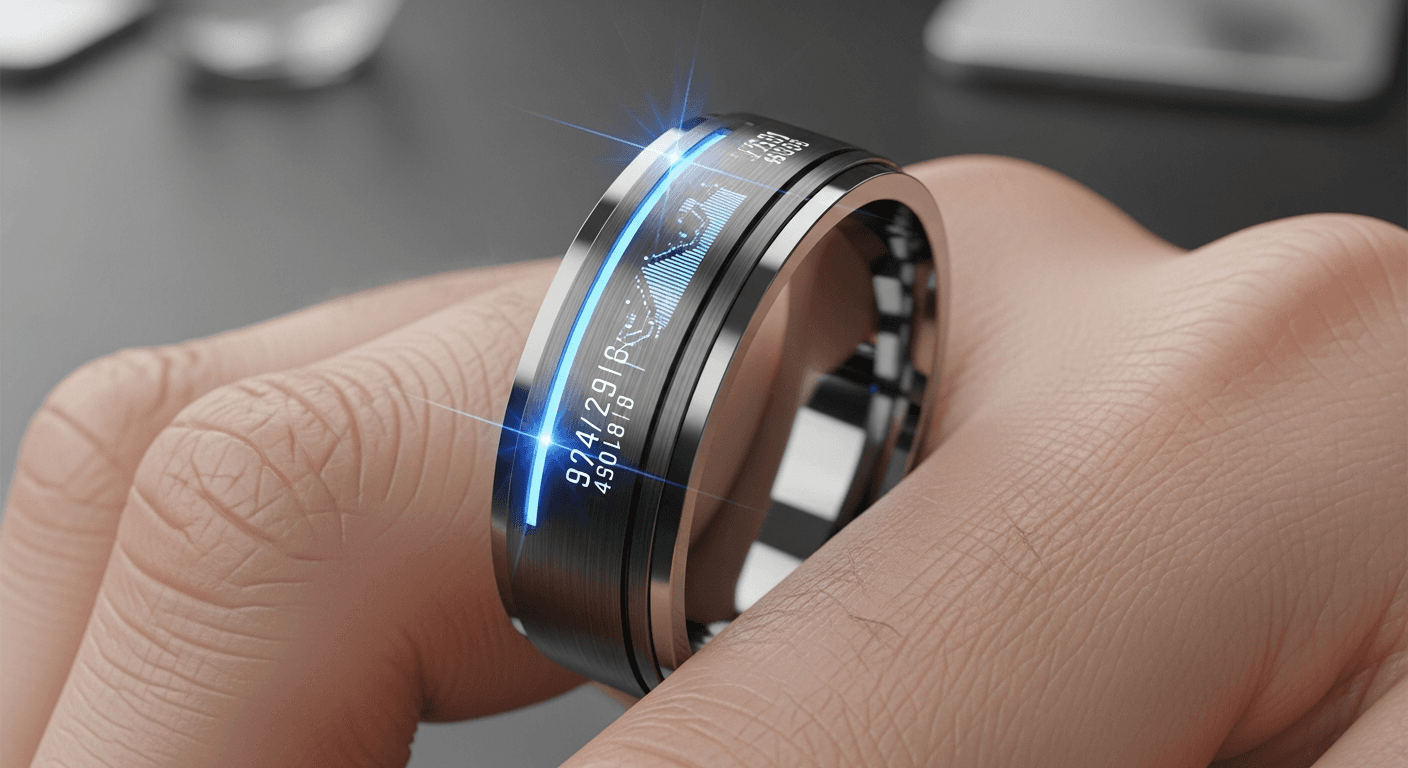 Oura Ring smart ring on finger next to Whoop fitness band on dark surface