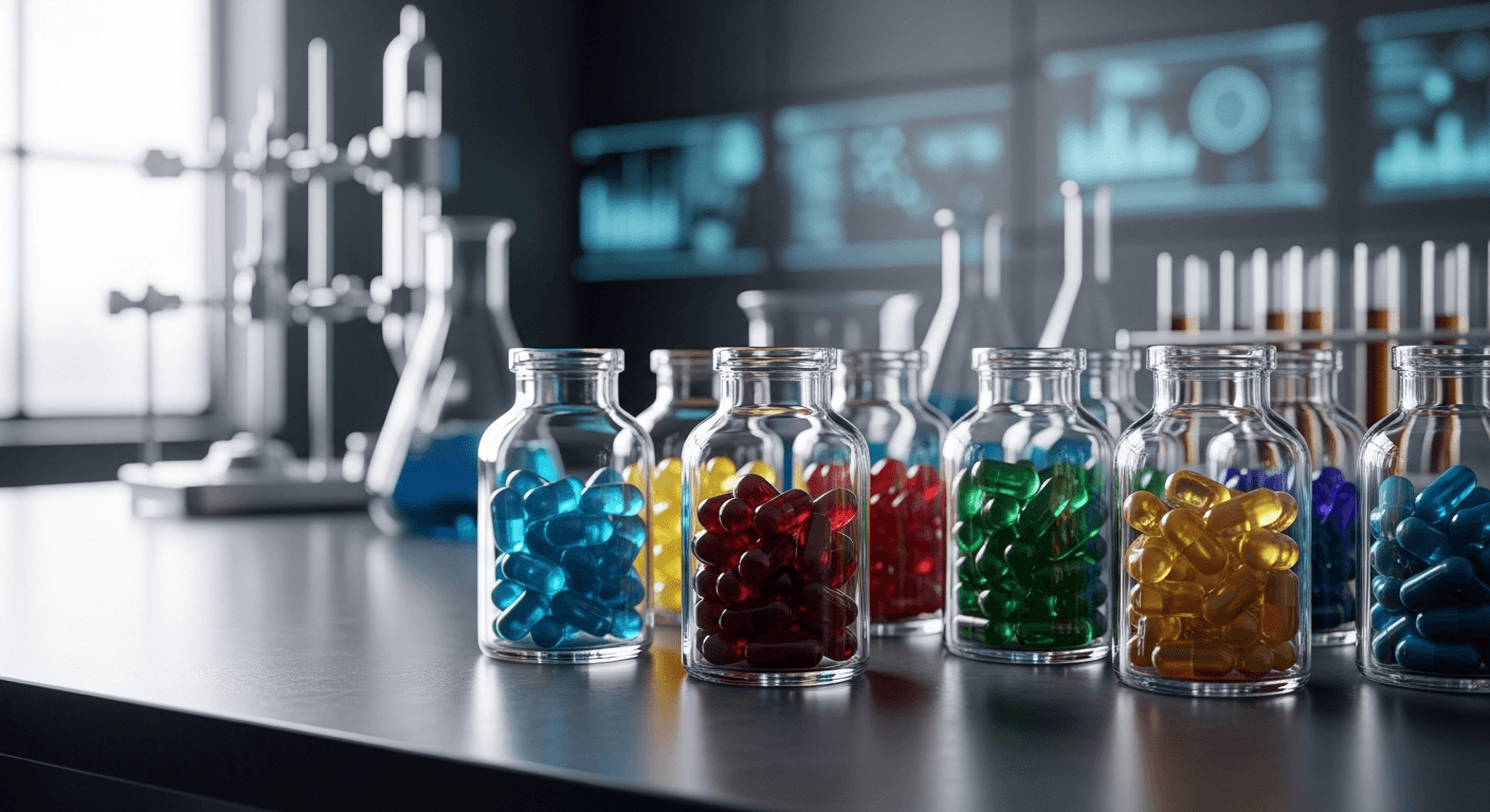 Colorful supplement capsules arranged next to smartphone showing AI-powered health app