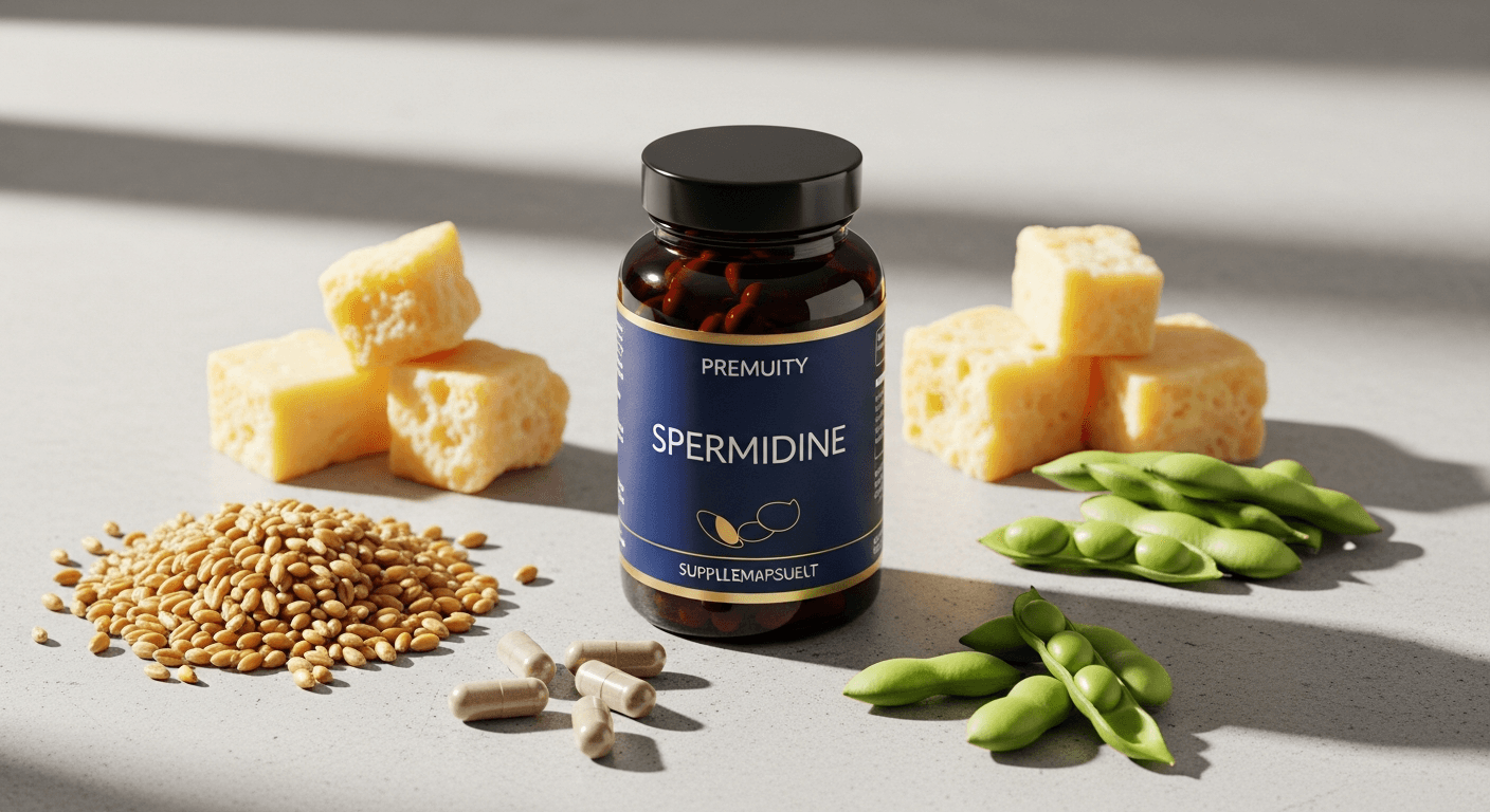 Spermidine supplement capsules with wheat germ and natural food sources for longevity