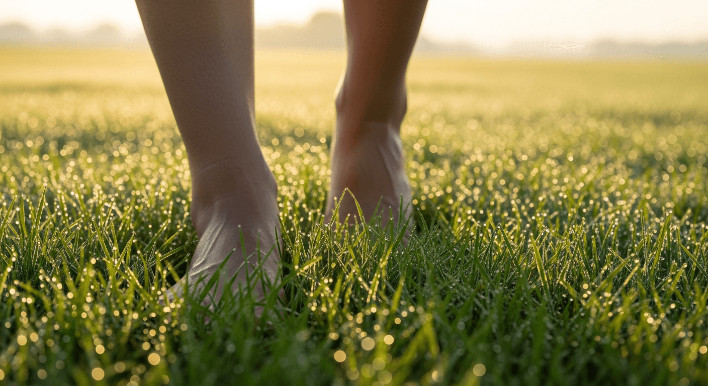Person walking barefoot on dewy grass at sunrise, demonstrating grounding practice