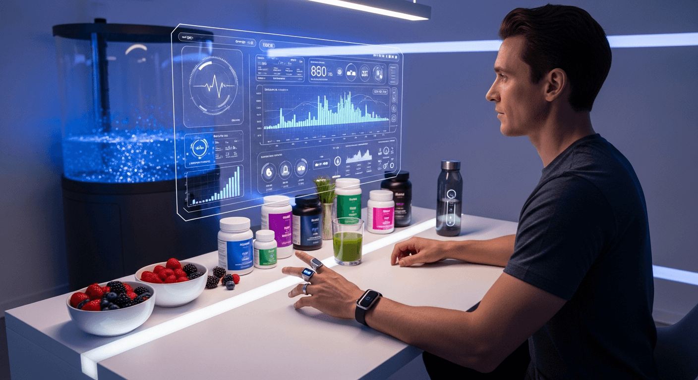 Person wearing smart ring and wearables reviewing health data on holographic display in modern wellness lab, biohacking concept 2026